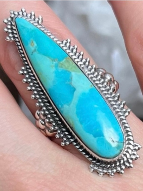 Southwest Jewelry - Sterling Silver 925 Turquoise Ring Size 7 Long Boho Southwest Blue New